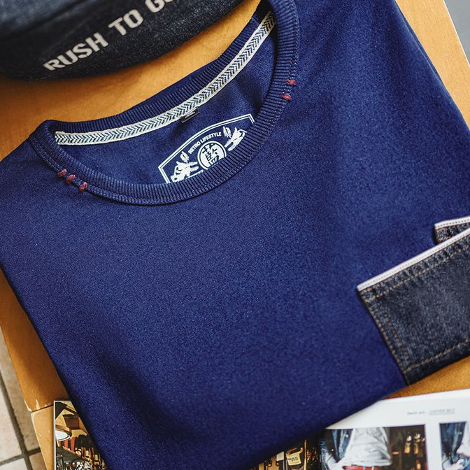 美式復古植物藍染T恤日系重磅純棉二本鍼口袋短袖男款夏