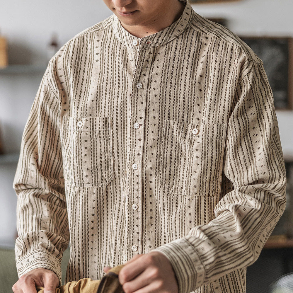 美式民族風圓領長袖襯衫男 條紋亨利立領寬松襯衣秋