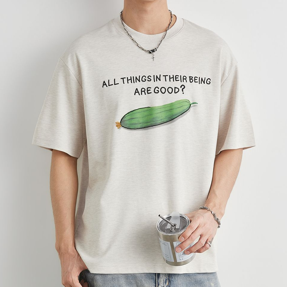 重磅210g莫代爾直噴趣味絲瓜印花短袖T恤男夏季寬鬆休閒半袖