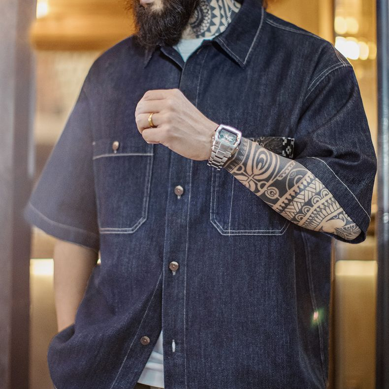 美式復古boro丹寧回潮牛仔襯衣日系藍染翻領襯衫外套男