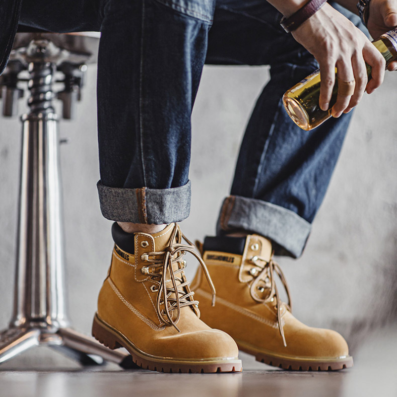 秋季新款美式大黃靴男休閑中幫馬丁靴戶外登山靴復古工裝靴子