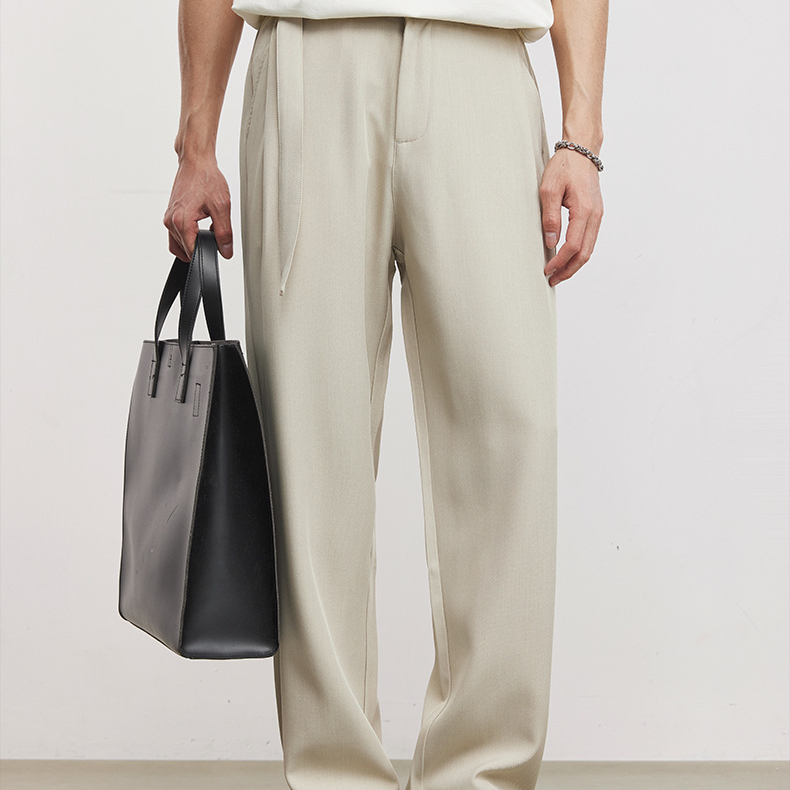 垂墜肌理冰絲抽繩商務休閒褲男夏季寬鬆直筒通勤褶皺闊腿西褲