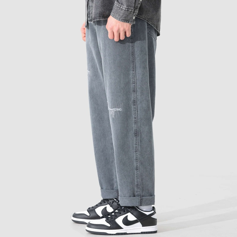 重工水洗純棉牛仔褲男春季新款寬松直筒休閑長褲