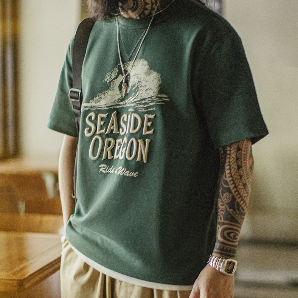 美式復古立體刺繡T恤數碼印花螺紋領口綠色短袖男士夏季