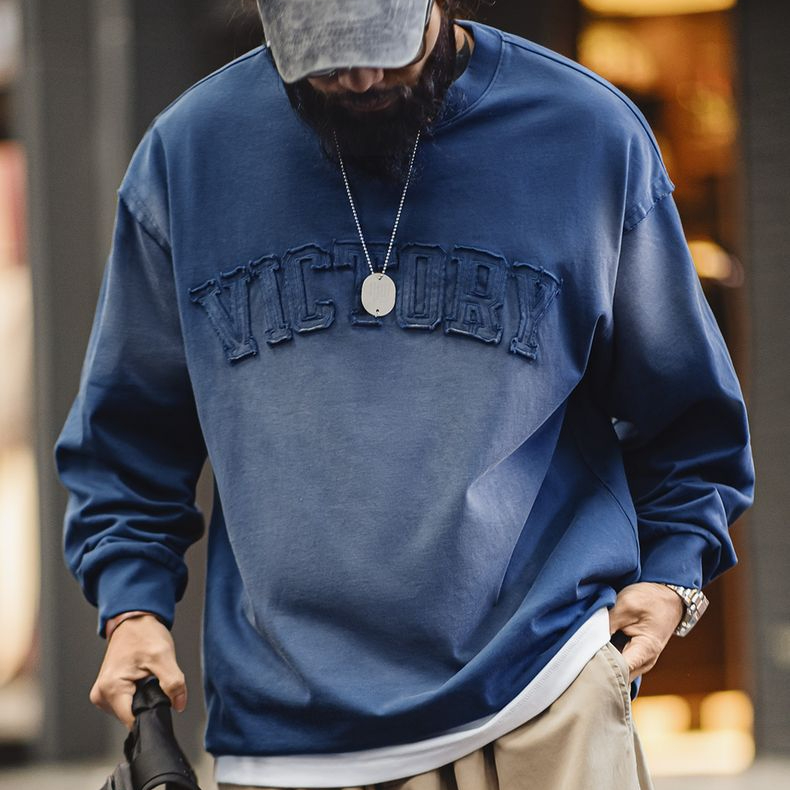 美式復古字母貼布衛衣漸變色水洗做舊寬鬆圓領T恤男春季