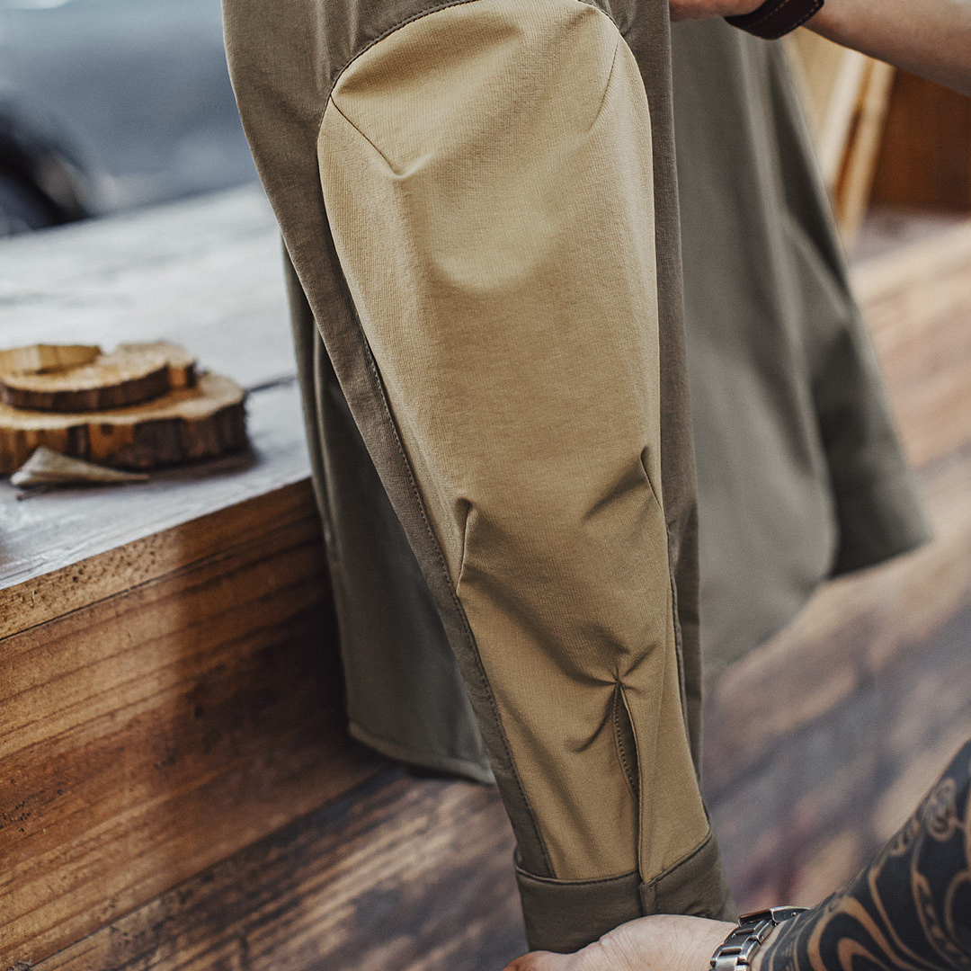 美式復古獵裝襯衫外套肘部拼接翻領正肩長袖薄款襯衣男春