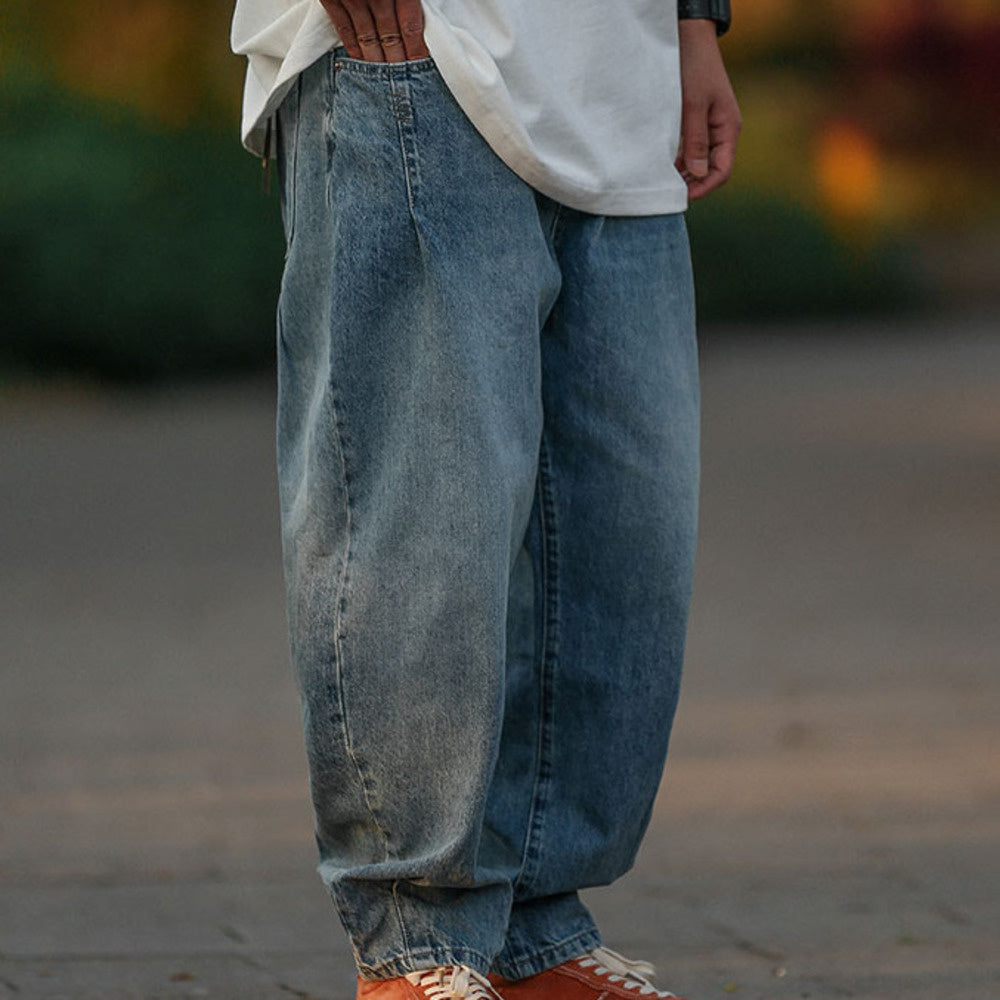 復古廓形牛仔褲男士直筒褲子男潮牌寬松做舊水洗哈倫長褲