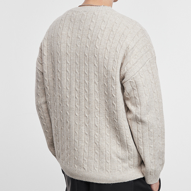 織閒男裝亨利領麻花針織毛衣秋冬復古寬鬆保暖套頭毛衫