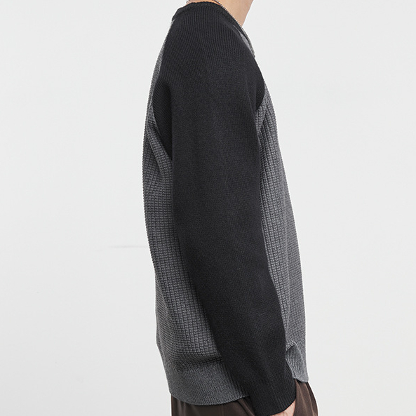 簡潮重磅拼色圓領毛衣男冬季肌理感美式拼接打底針織衫