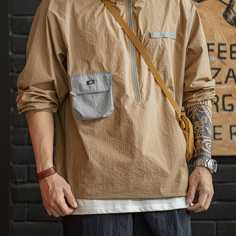 山系戶外半拉鍊套頭衛衣夾克寬鬆撞色薄款連帽衫外套男秋