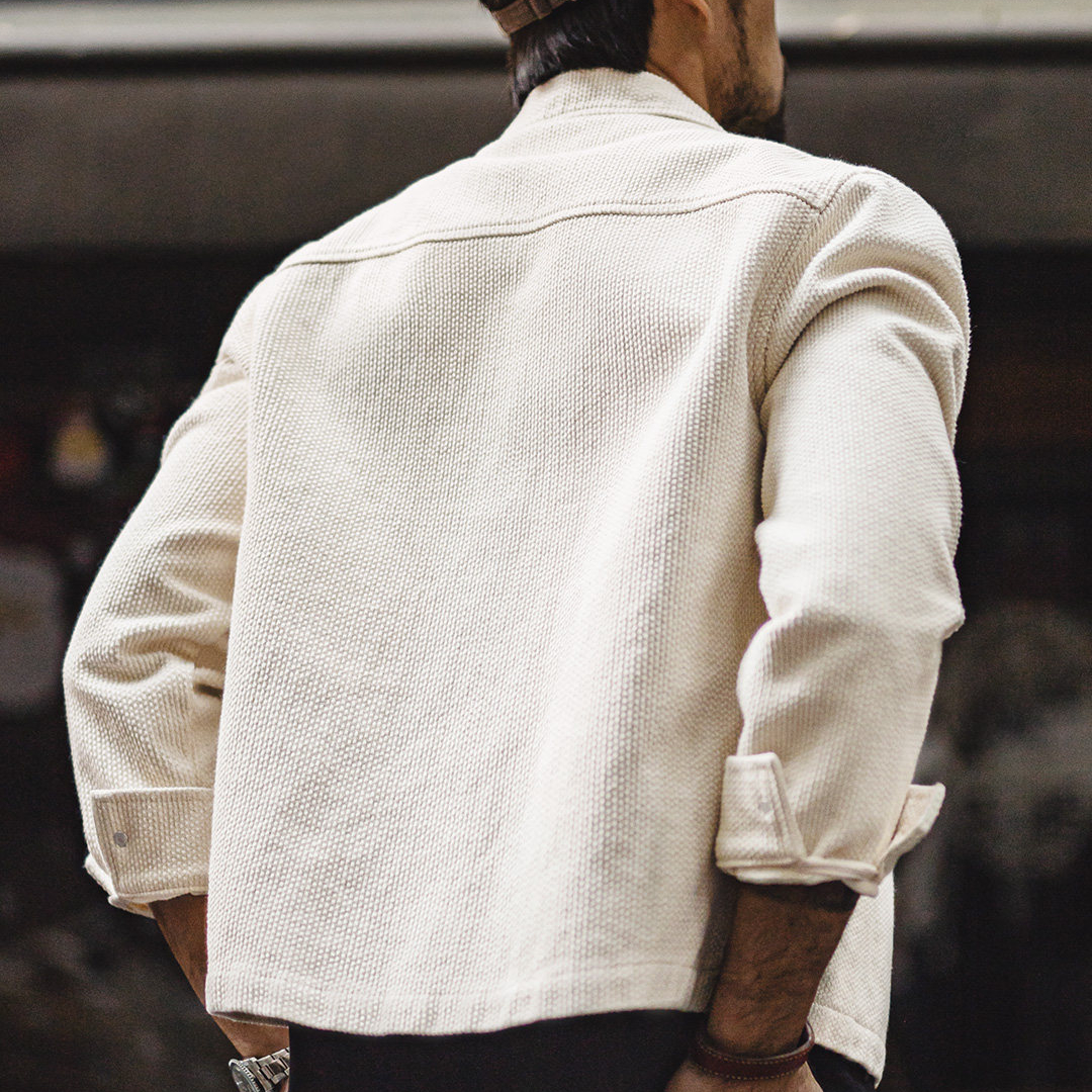 美式白色IKE教練夾克翻領重磅純棉正肩帆布短款外套男春