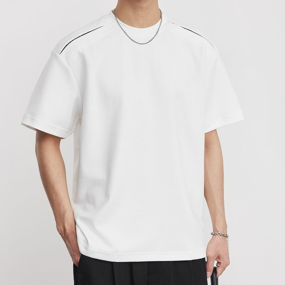 重磅270g拼接明線裝飾T恤男夏季圓領格紋微闊潮流通勤短袖