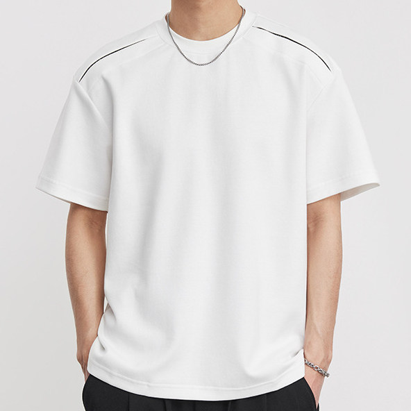 重磅270g拼接明線裝飾T恤男夏季圓領格紋微闊潮流通勤短袖