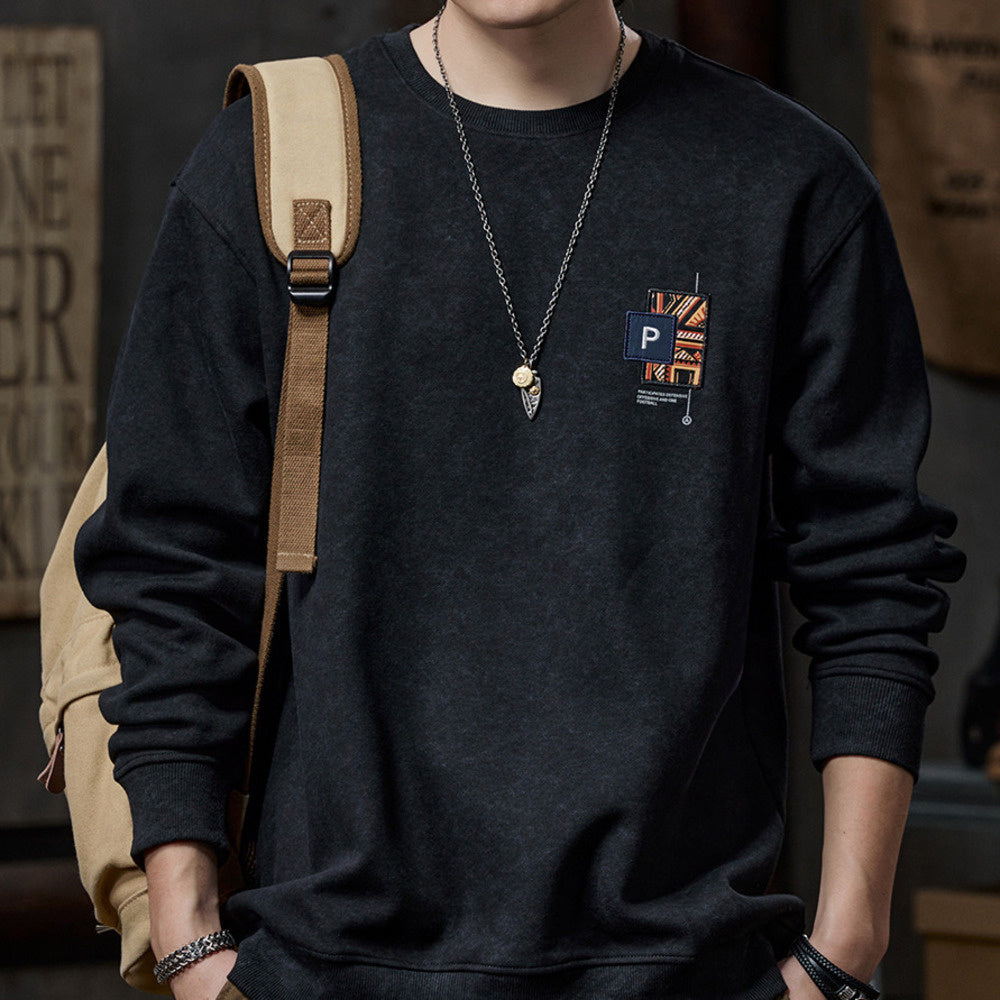 美式復古紮染圓領衛衣男士名民族風刺繡上衣秋冬季寬松加絨外套男