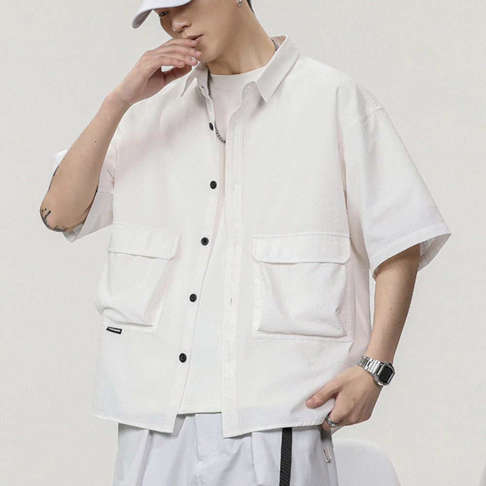 高級感短袖襯衫男夏季新款輕奢潮牌美式工裝寸襯衣男寬松半袖