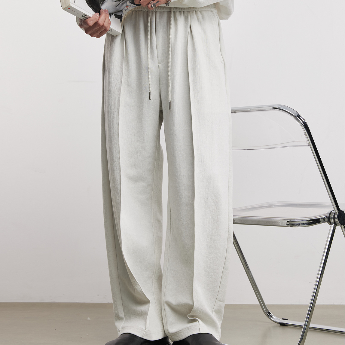 抽繩式肌理闊腿褲男2026春季新款復古寬鬆純色直筒休閒褲