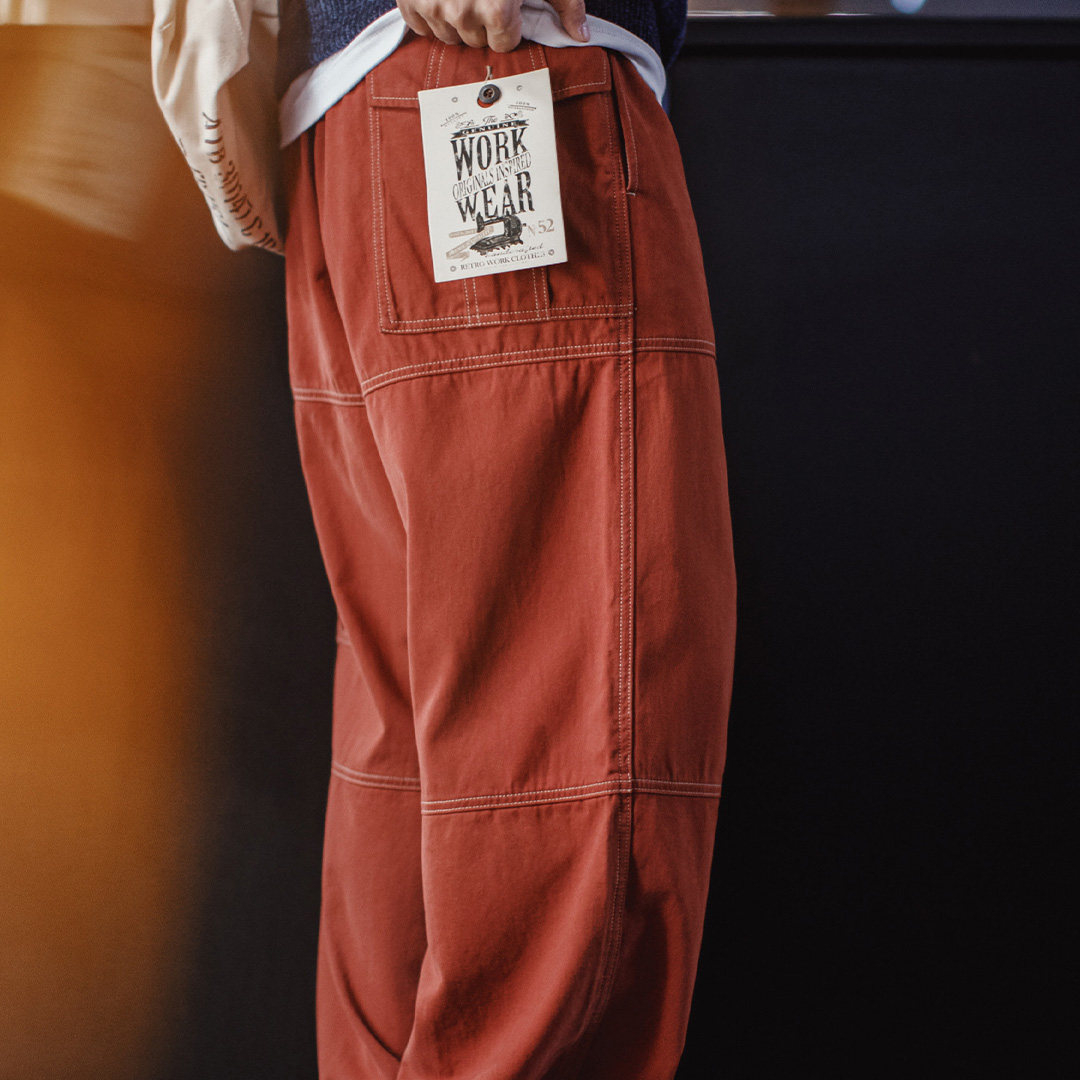 美式復古多口袋明線工裝褲磚紅色直筒闊腿束腳休閒褲男春