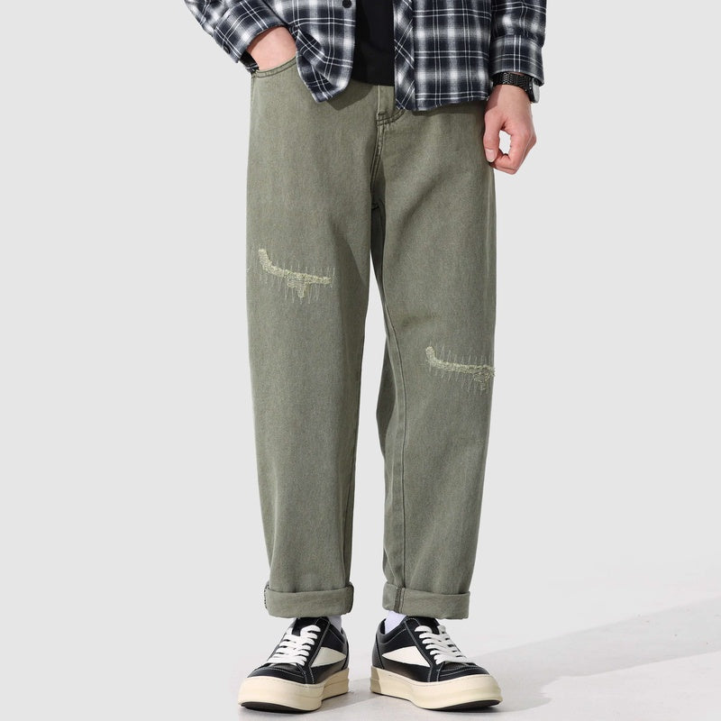 重工水洗純棉牛仔褲男春季新款寬松直筒休閑長褲