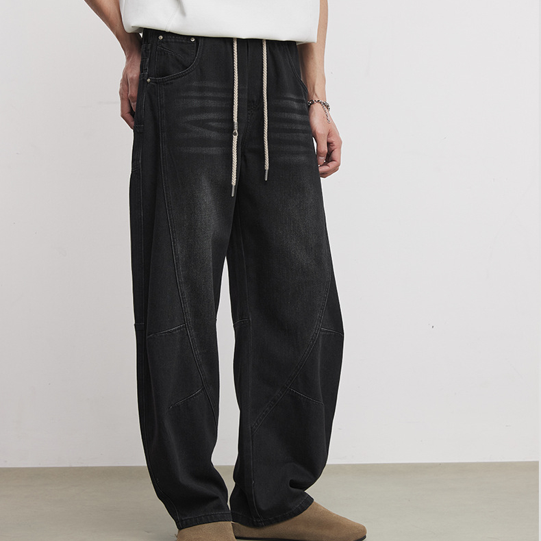 立體裁剪抽繩牛仔彎刀褲男2026年春季新款牛仔褲舒適傘兵長褲