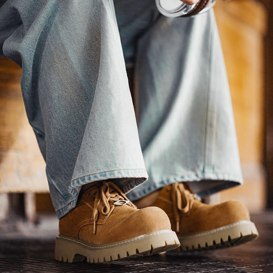 棕色德比大黃靴子低幫厚底美式增高通勤工裝大圓頭皮鞋男款