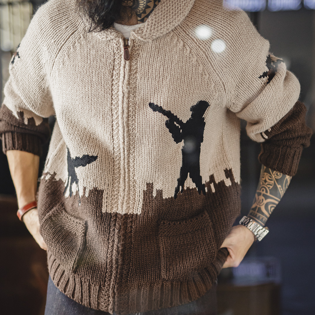 美式復古刺繡青果領毛衣卡其色開衫老錢風毛衫外套男秋冬