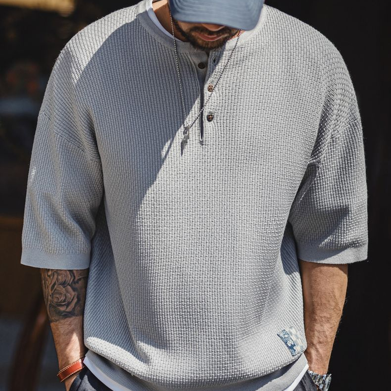 美式竹節紋亨利衫短袖老錢垂感針織灰色寬鬆半袖T恤男夏