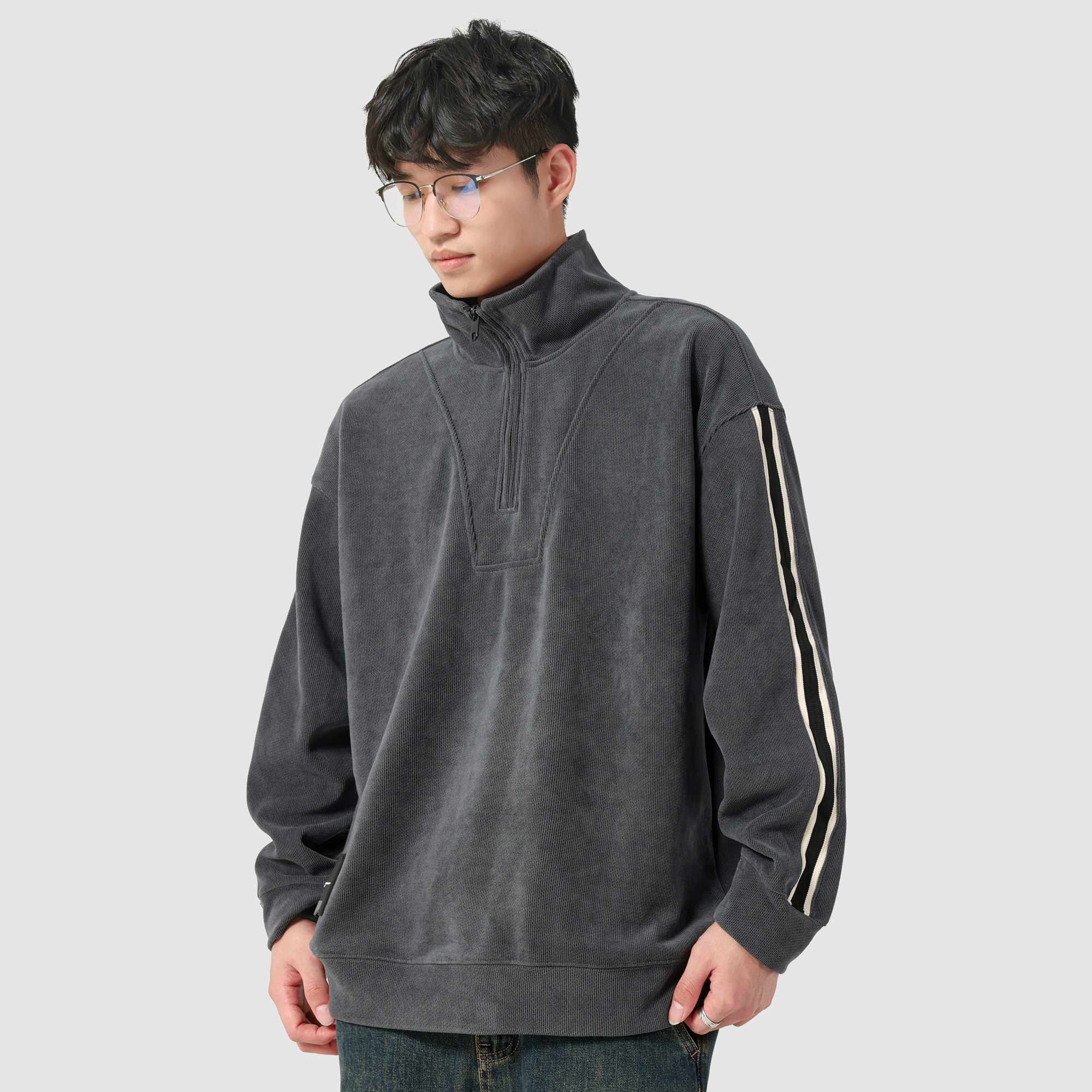 秋季新款日系半高領拉鍊衛衣男寬鬆休閒百搭立領長袖外套