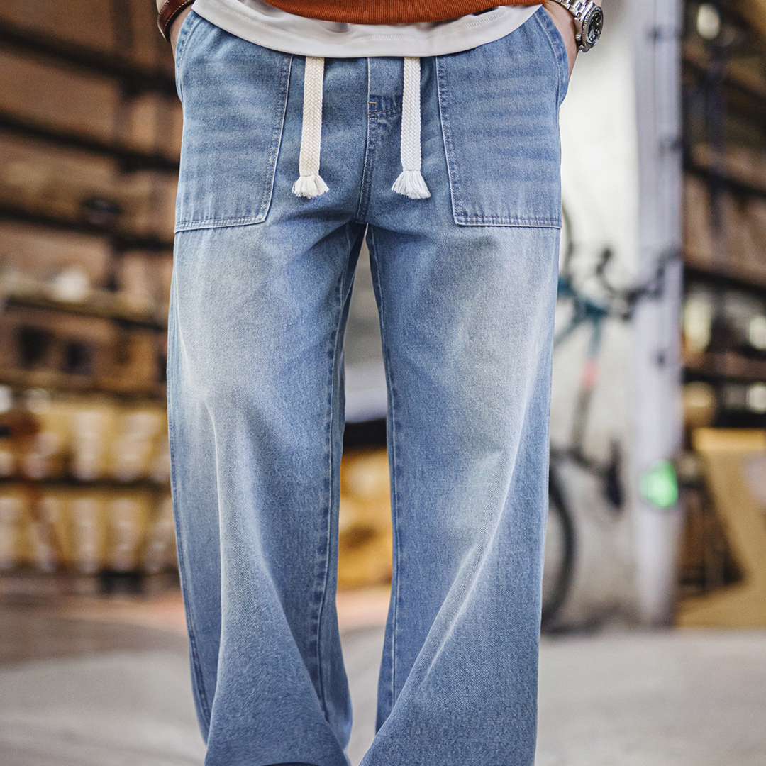美式貝克水洗牛仔褲丹寧闊腿抽繩直筒休閒長褲子薄款男春