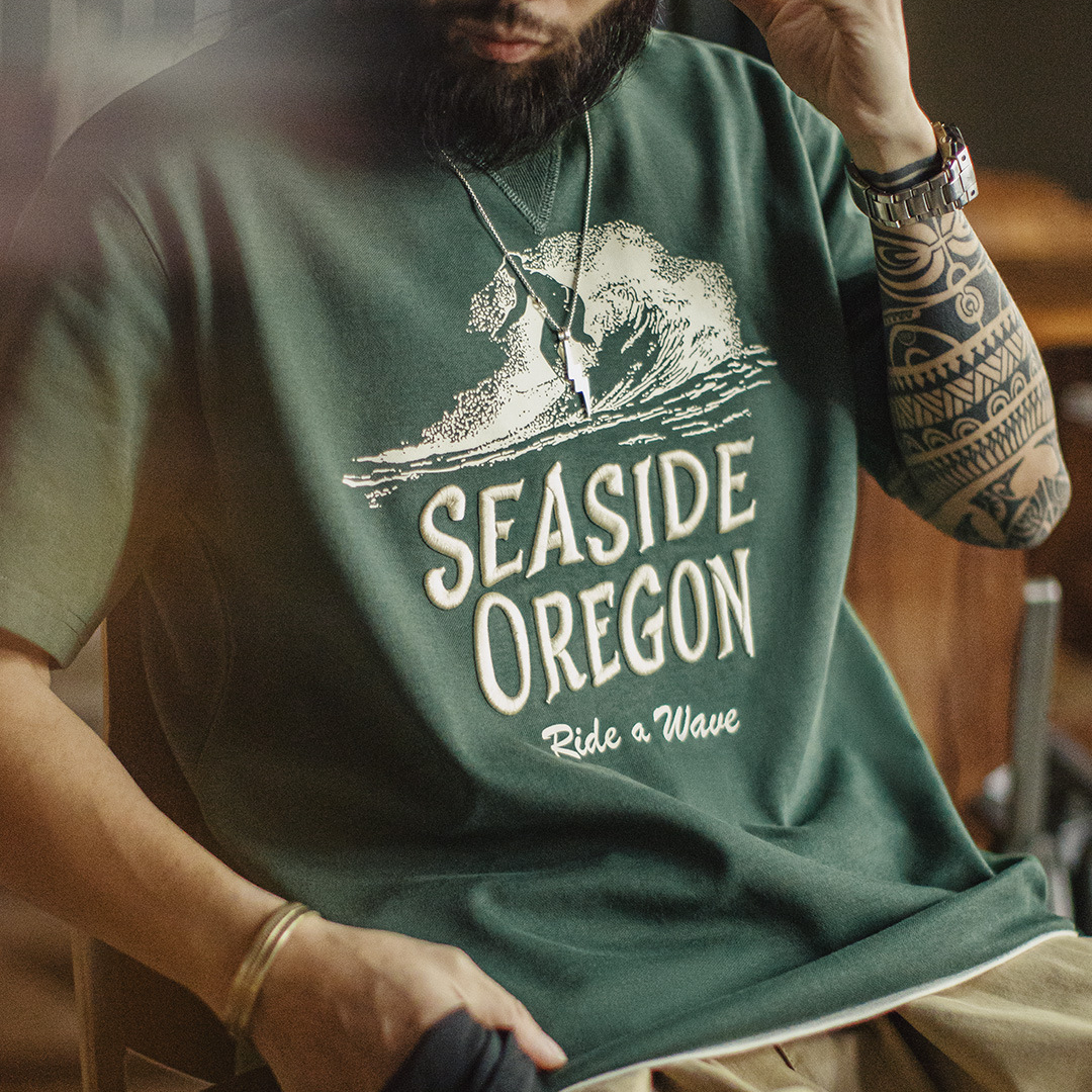 美式復古立體刺繡T恤數碼印花螺紋領口綠色短袖男士夏季