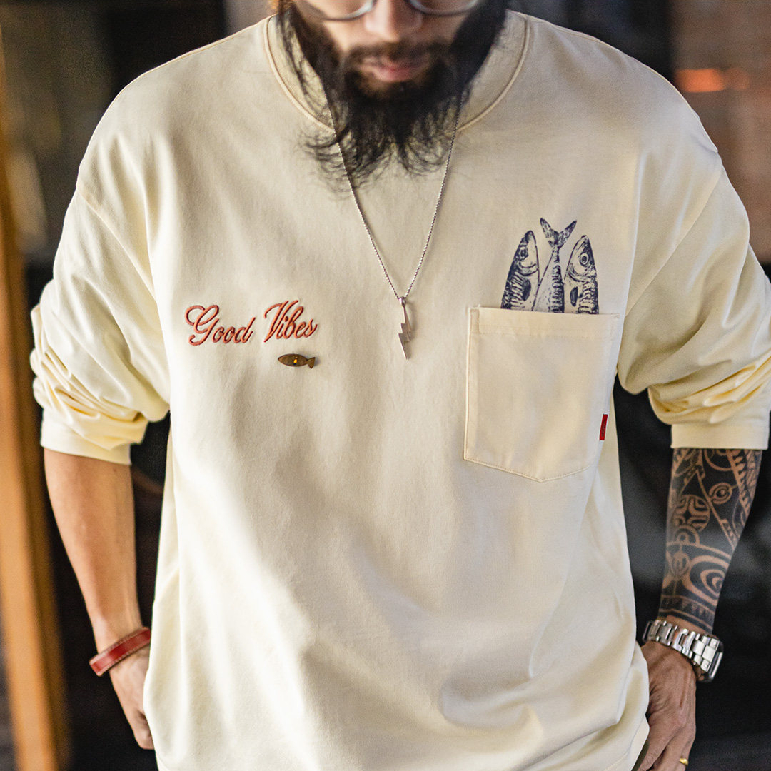 美式印花口袋長袖T恤純全棉舒適圓領打底內搭體恤男款春