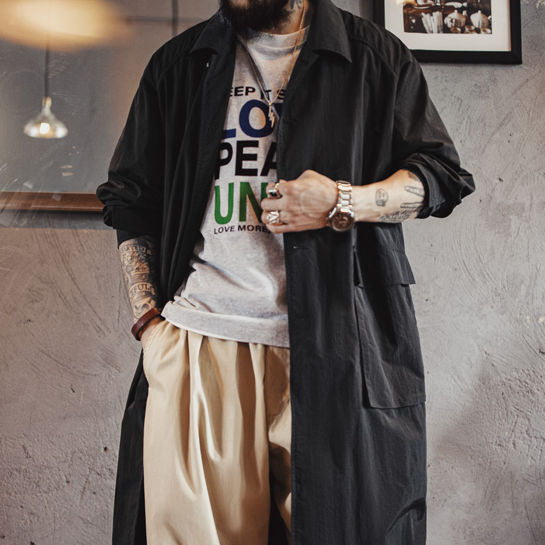 美式黑色巴爾瑪肯風衣翻領中長款日系通勤大衣外套男秋