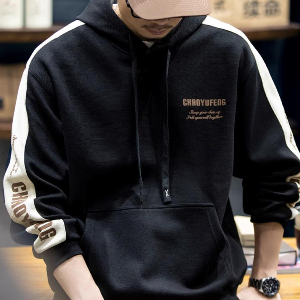 360g美式撞色長袖衛衣男秋季寬松潮牌大碼連帽上衣男休閑外套