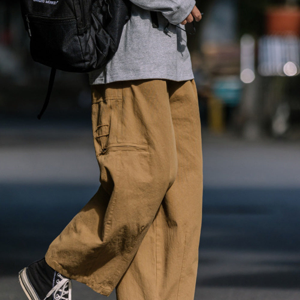 秋季復古純色口袋直筒工裝長褲男潮牌寬松休閑闊腿褲