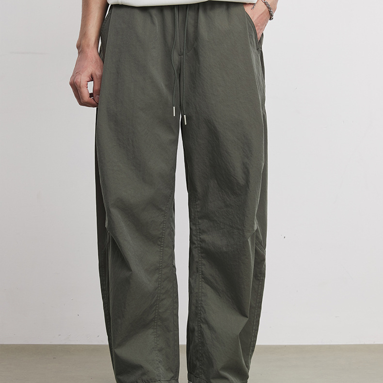 200g顯瘦抽繩闊腿褲男春季新款日系復古竹節紋戶外彎刀休閒褲