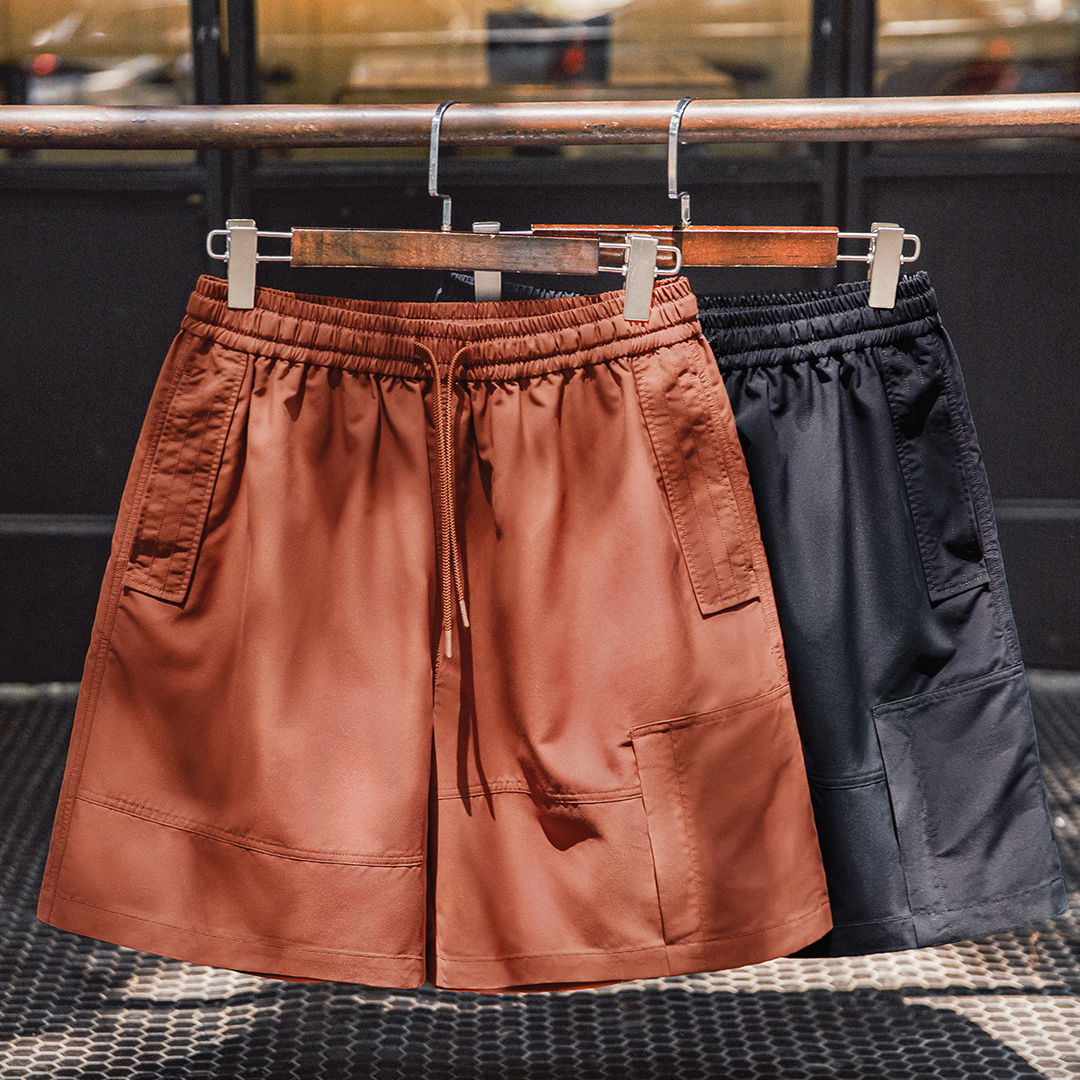 美式紅色短褲抽繩鬆緊腰直筒寬鬆外穿大口袋五分褲男夏季