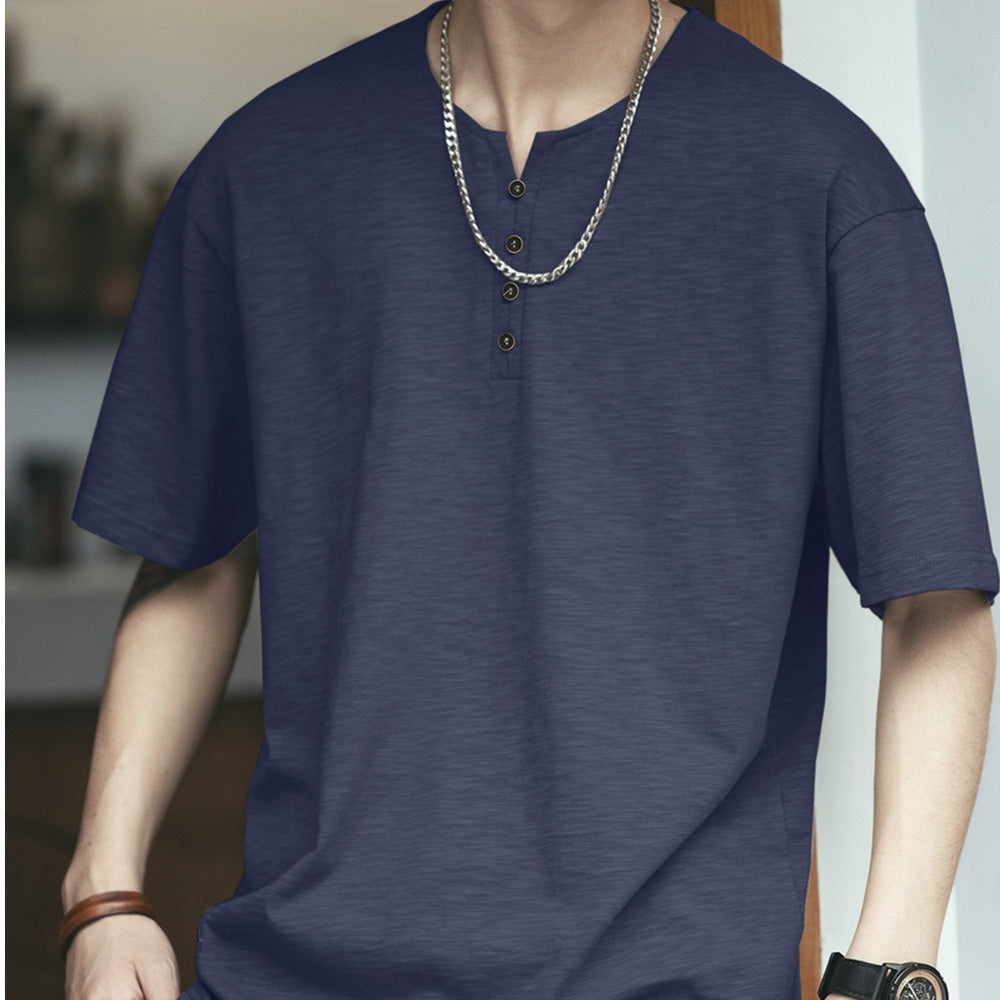 復古亨利領竹節棉短袖t恤男夏季寬松大碼半袖百搭體恤