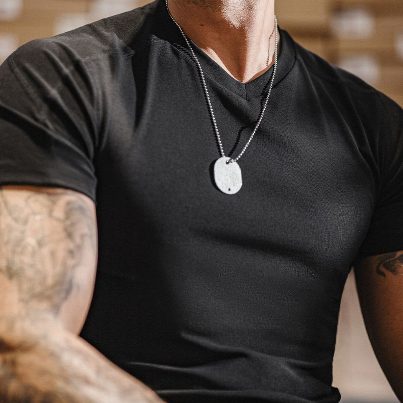 美式萊賽爾涼感T恤收袖口黑色速幹健身衣v領修身短袖男夏