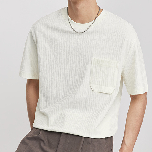口袋裝飾豎條肌理感短袖 T 恤肌男夏季新款圓領寬鬆簡約T恤
