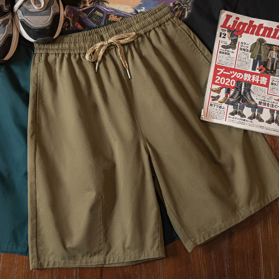 美式卡其色短褲寬鬆直筒通勤鬆緊腰日系抽繩五分褲男士夏