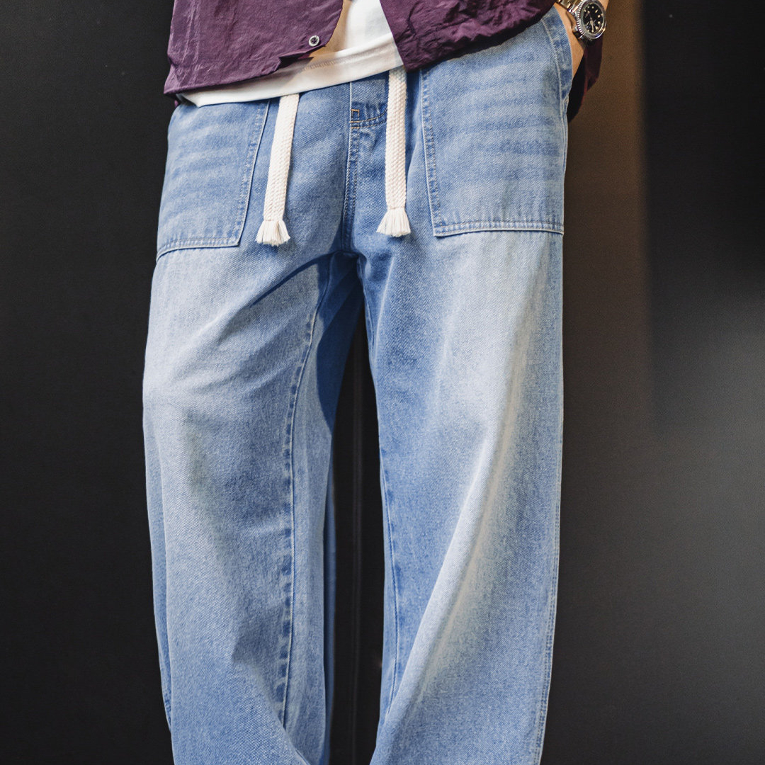美式貝克水洗牛仔褲丹寧闊腿抽繩直筒休閒長褲子薄款男春