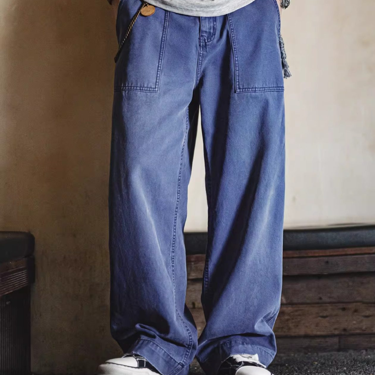 法式復古工裝褲藍色vintage水洗帆布寬鬆直筒休閒褲男春