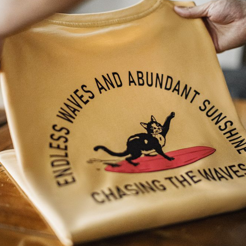 美式復古後背發泡印花T恤重磅薑黃色小眾創意短袖男款夏