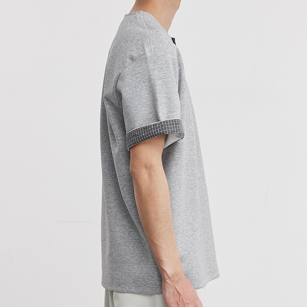 重磅260g格紋拼接小V領T恤男夏季亨利領寬鬆休閒街頭通勤短袖