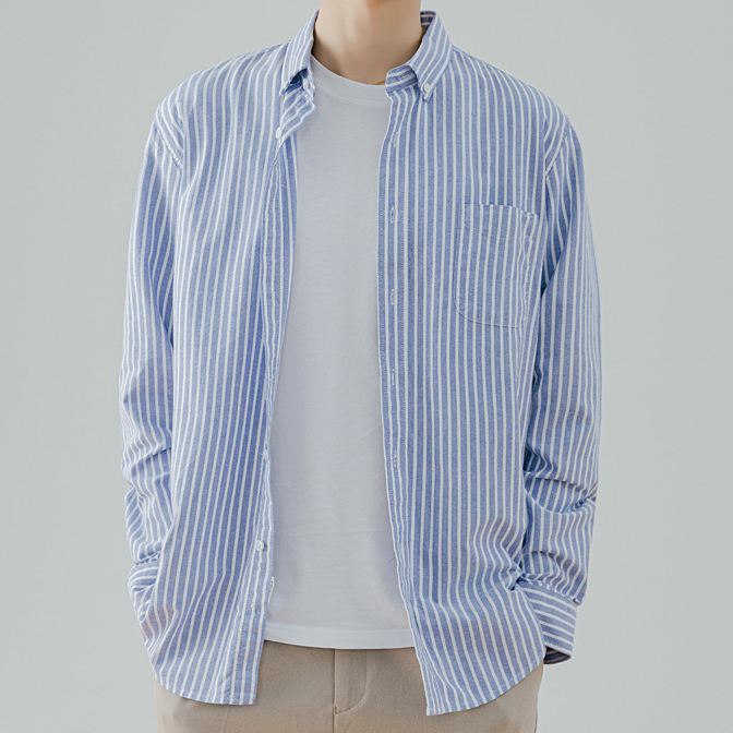 春秋氣質襯衫男韓版潮流時尚豎條紋上衣長袖襯衣外套