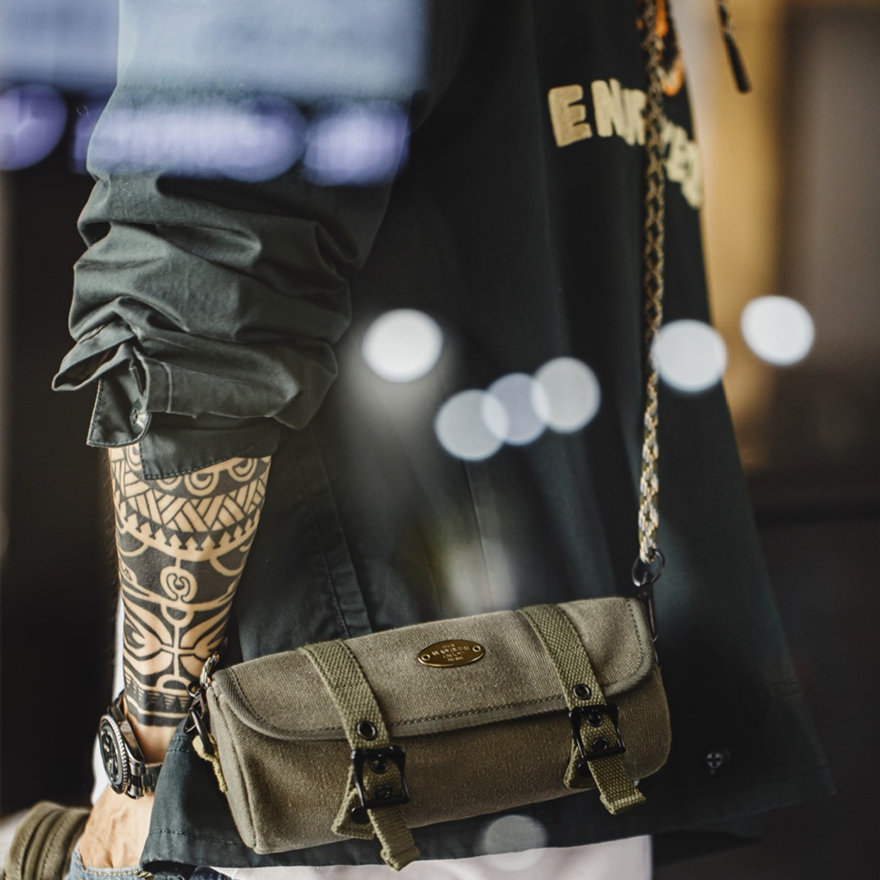 美式復古帆布圓筒包隨身包通勤小包斜跨包包子母零錢包男