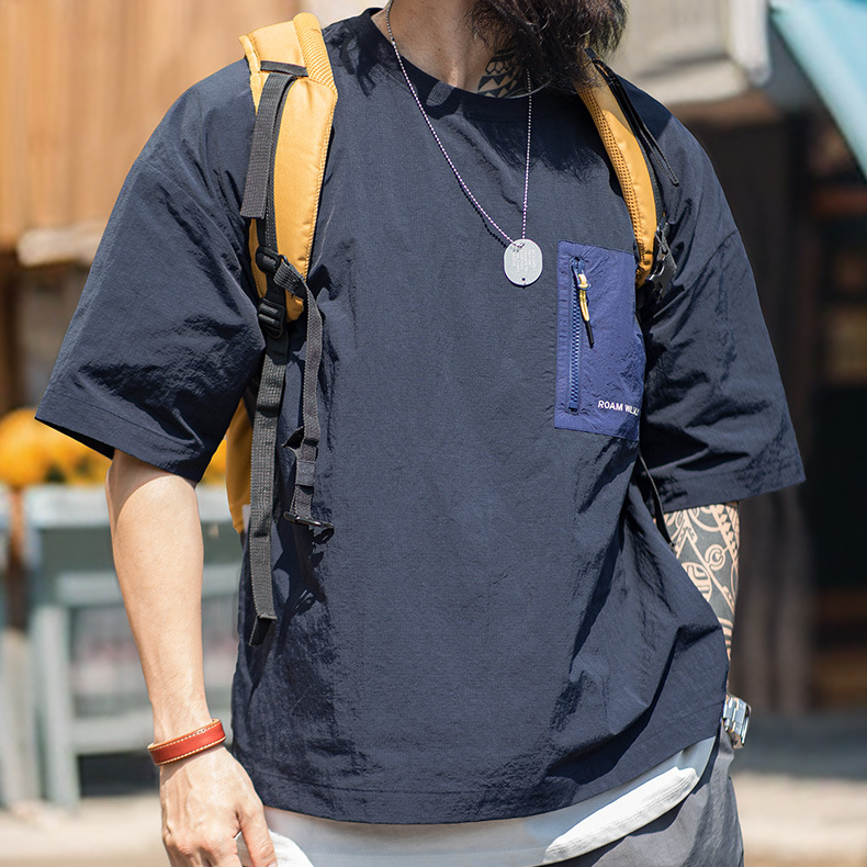 山系戶外薄款口袋拼接短袖T恤落肩尼龍透氣半袖T恤男夏