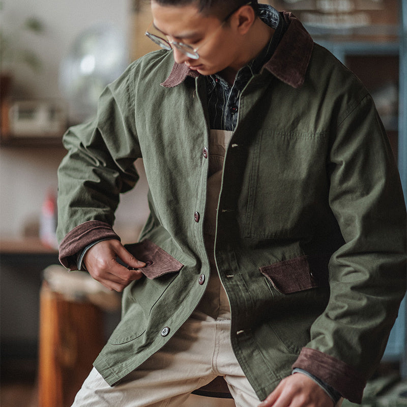 阿美咔叽密歇根鐵路工裝口袋夾克 美式拼色翻領寬松外套