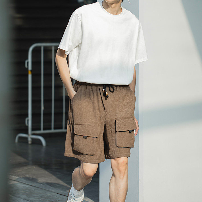 立體多口袋樹紋短褲重磅彈力串珠肌理感休閒工裝五分褲夏