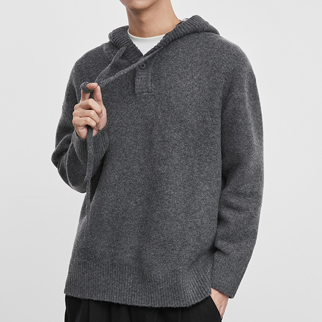 帽織男裝連帽紐釦針織毛衣秋冬寬鬆休閒套頭毛衫潮流上衣