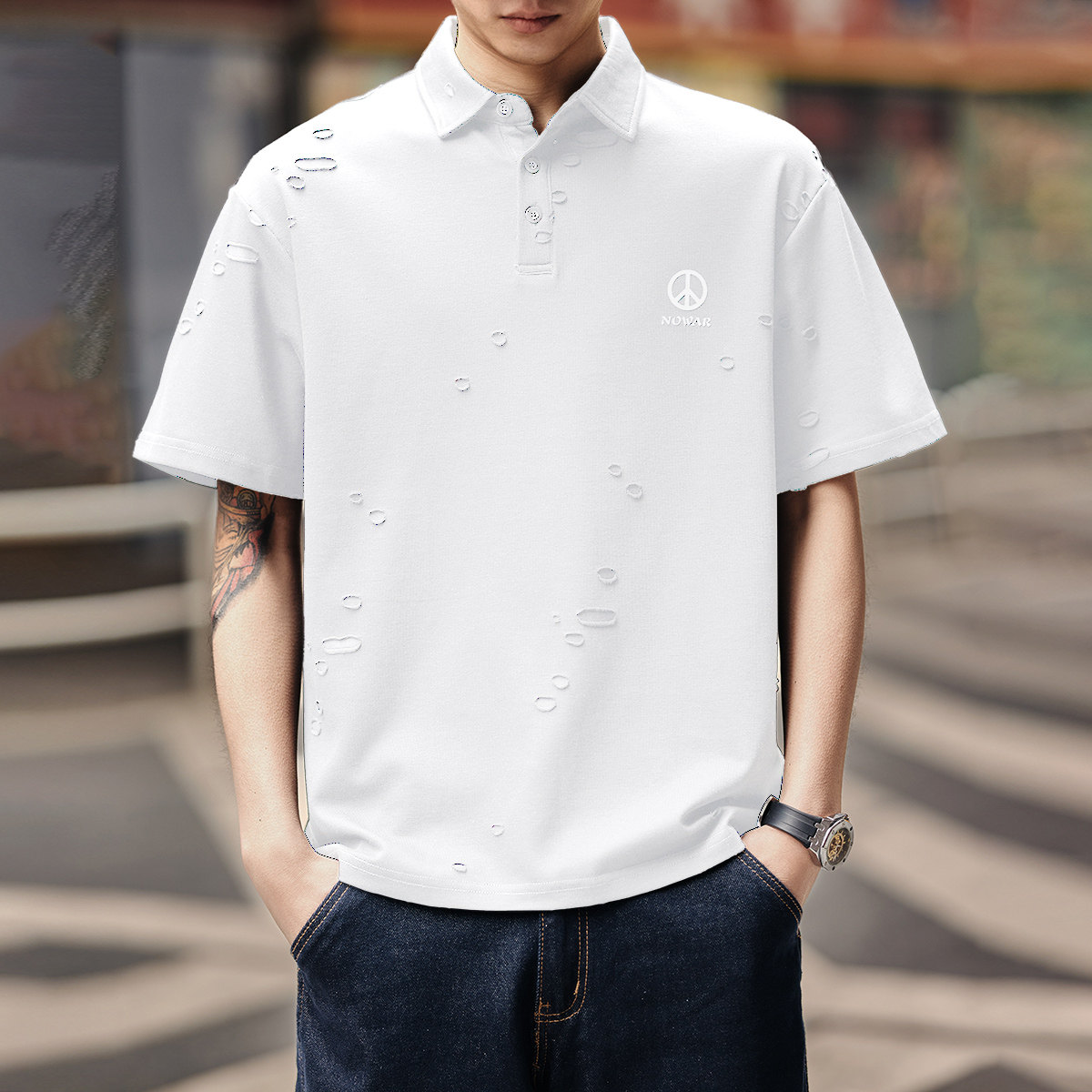 高端復古短袖POLO衫男士夏季潮牌寬鬆休閒設計感破洞打底衫